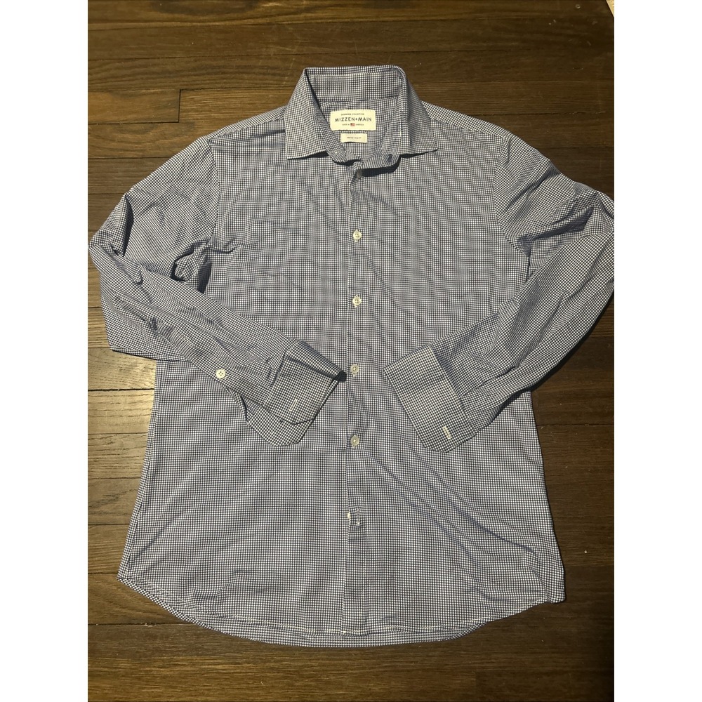 Mizzen+Main Dress Shirt Mens M Spinnaker Collection Trim Fit Stretch Check Blue